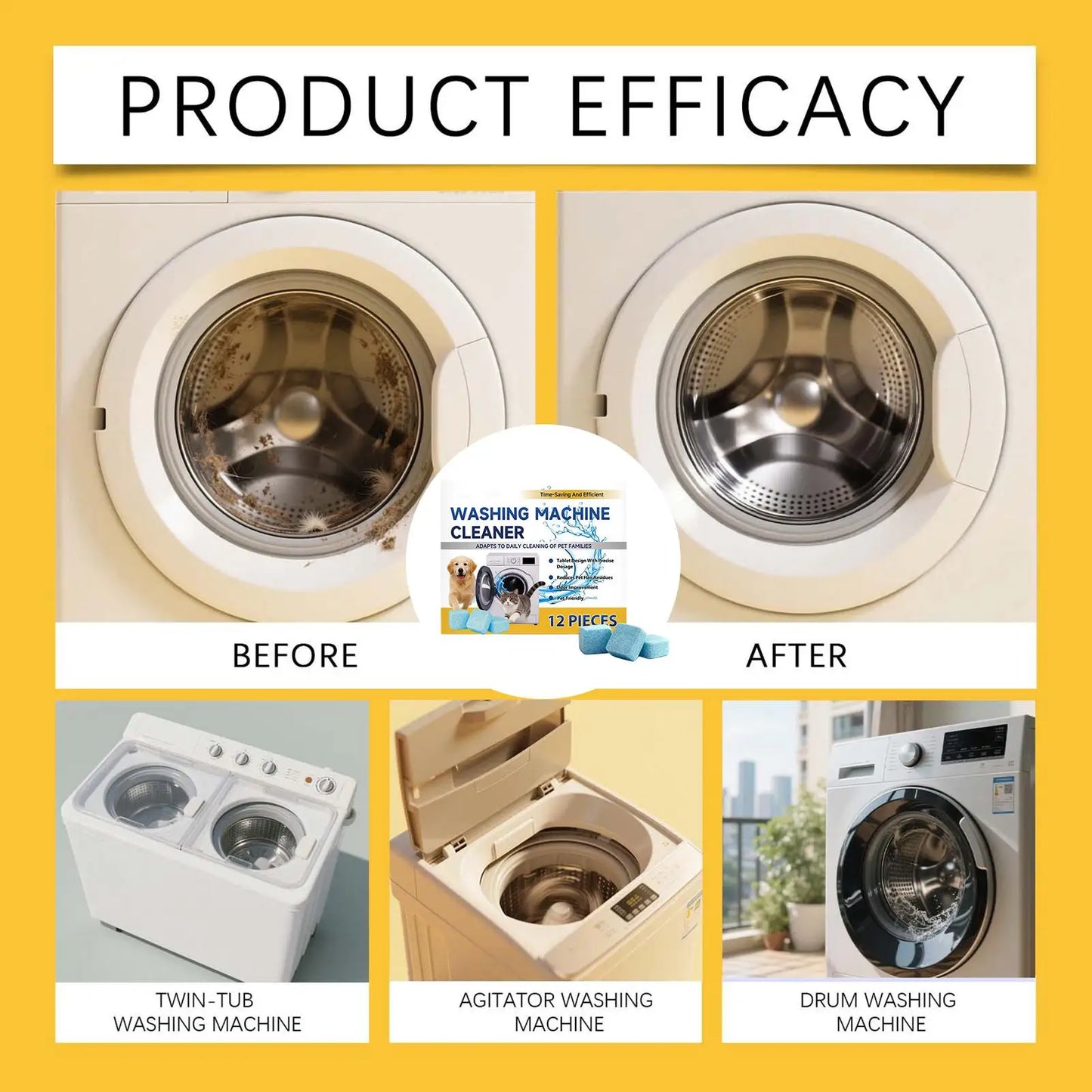 Washing Machine Cleaner Tablets 12pcs Odor & Stain Remover Deep Clean for Top/Front/HE Loaders, Removes Limescale, Grease, Grime Peaceful Pleasures Health and Wellness