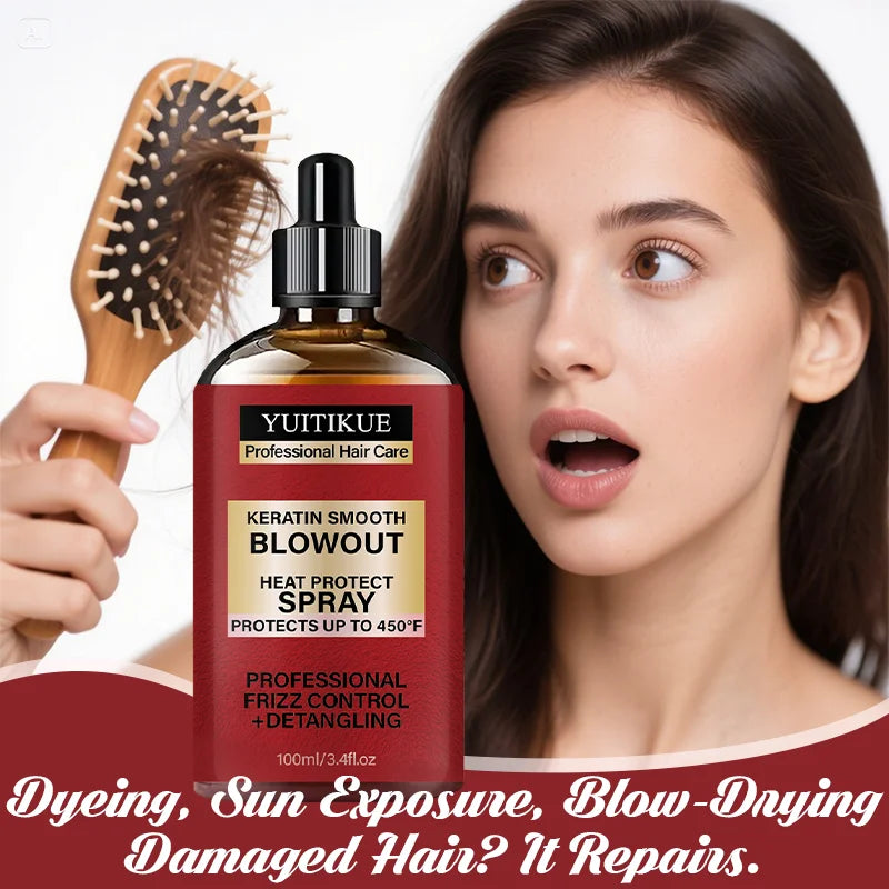 YUITIKUE Keratin Smooth Blowout Heat Protect Spray 100ml Up to 450°F Frizz Control Detangling Hair Care Peaceful Pleasures Health and Wellness