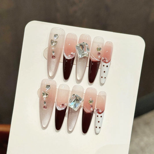 Crystal Cat's Eye Press-On Nails – Wine Red French Almond 10pcs Press-On Nails Peaceful Pleasures Health and Wellness XS