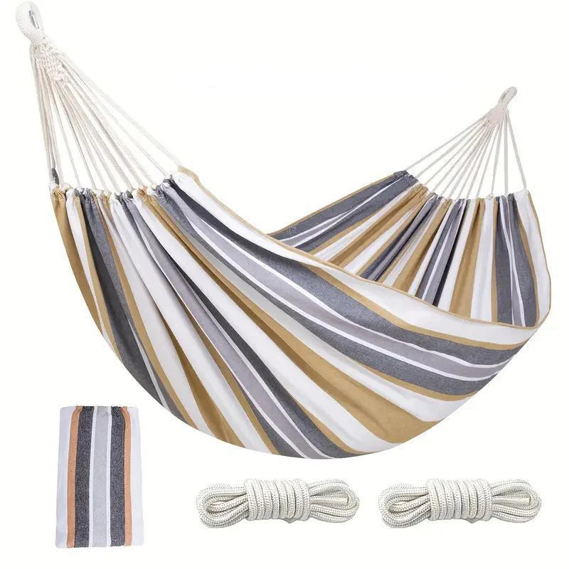 Outdoor Camping Indoor Swing Thickened Colored Strips Adult Double Anti-rollover Canvas Hammock No Wooden Sticks Peaceful Pleasures Health and Wellness Coffee-260x100cm
