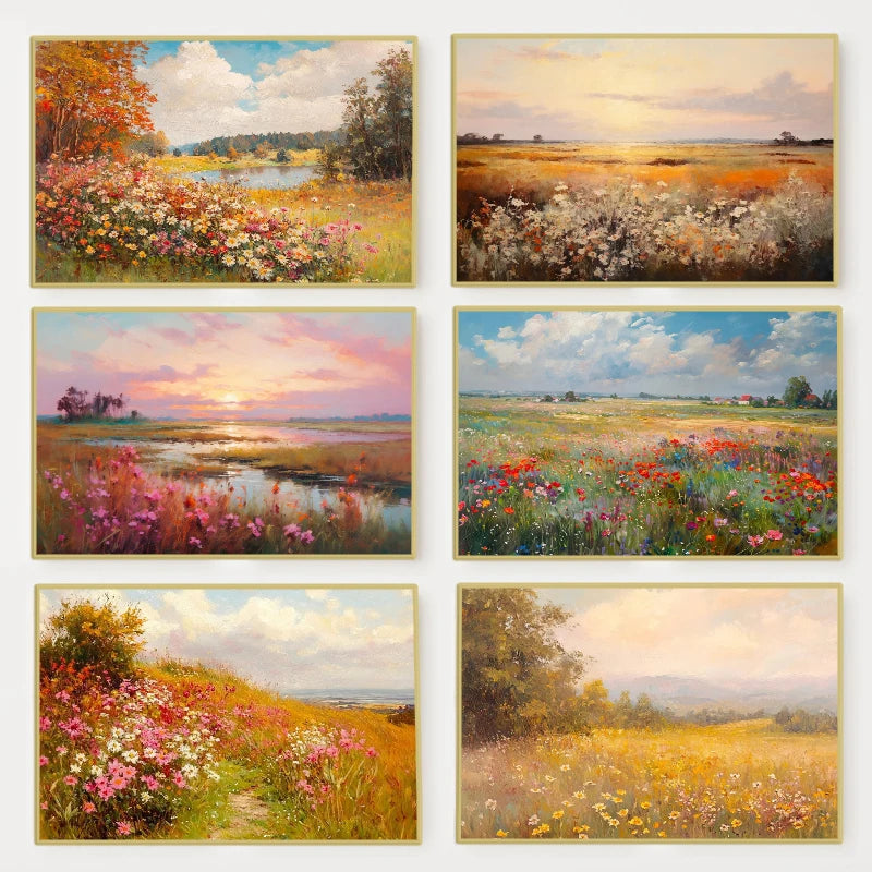 Wildflower Field Landscape Oil Poster Vintage Rustic Moody Autumn Country Scenery Canvas Painting Wall Art for Room Home Deco Peaceful Pleasures Health and Wellness