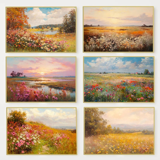 Wildflower Field Landscape Oil Poster Vintage Rustic Moody Autumn Country Scenery Canvas Painting Wall Art for Room Home Deco Peaceful Pleasures Health and Wellness