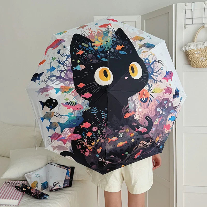 Cute Cat & Fish Folding Umbrella – UV & Rain Protection