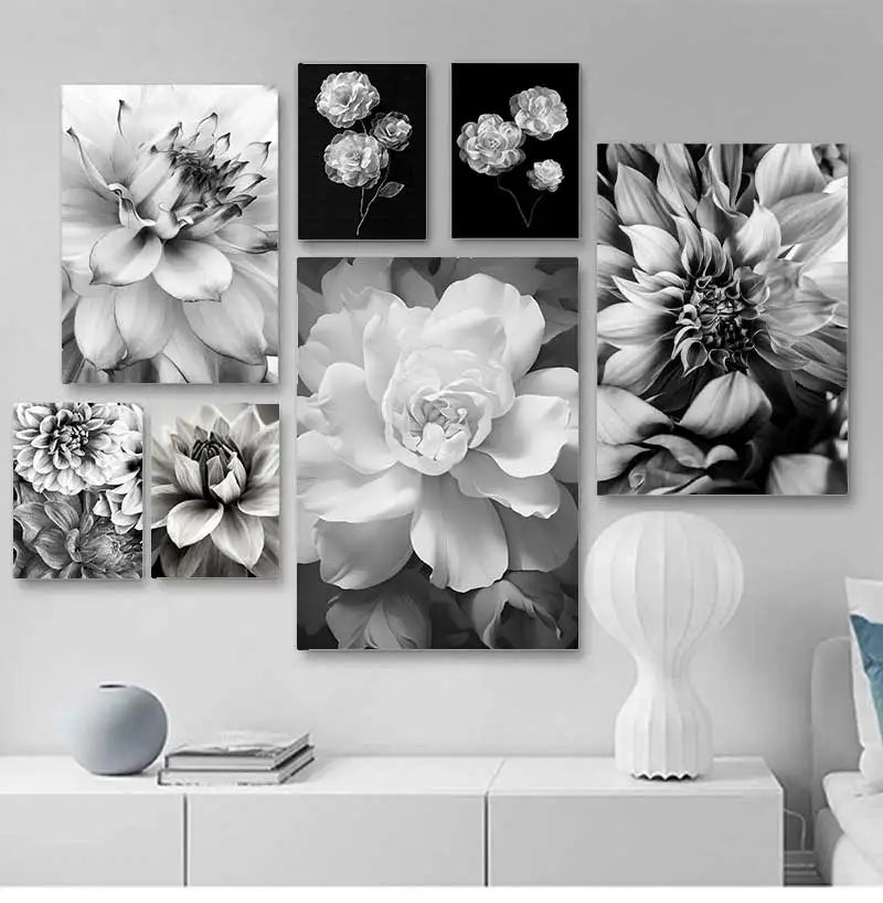 Black & White Floral Canvas Wall Art | Nordic Abstract Poster