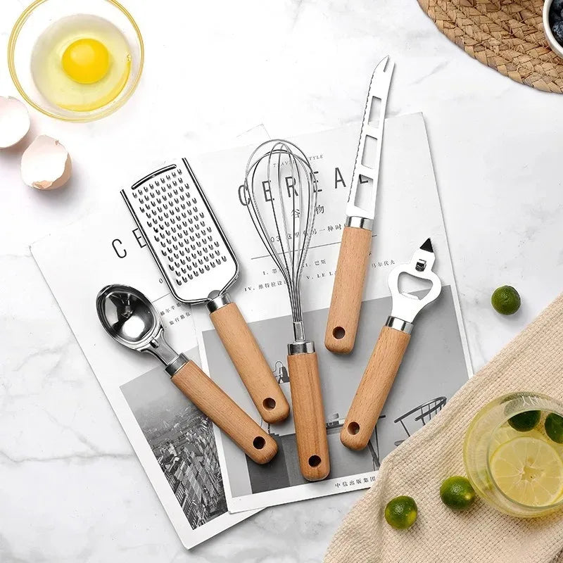 9pcs Cooking Utensils Set Wooden Handle Can Opener Baking Pizza Peeler Egg Beater Cheese Knife Ice Cream Spoon Kitchen Gadget Peaceful Pleasures Health and Wellness