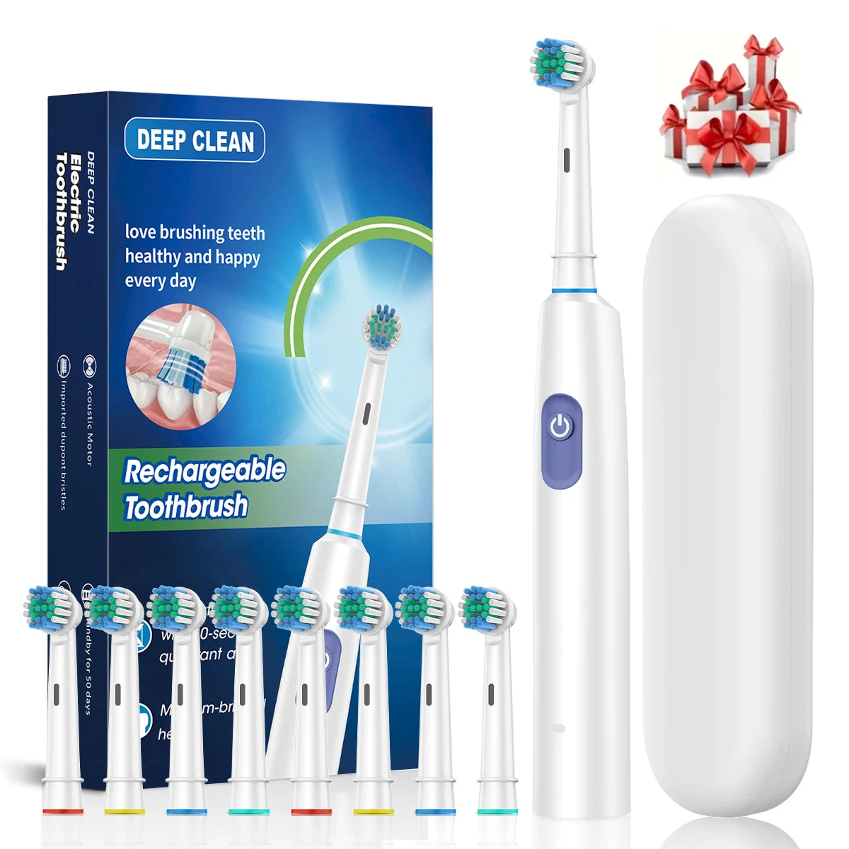 Electric Toothbrush Rotary Rechargeable Electric Toothbrush for Adults Rotating Electric Toothbrushes with 8 Soft Brush Heads Peaceful Pleasures Health and Wellness White 8 Heads Box