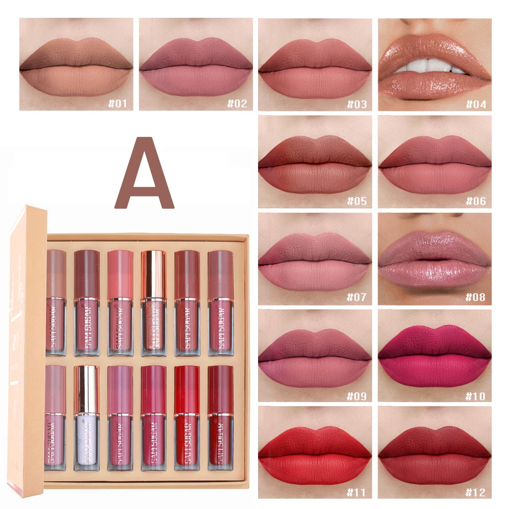 12 Colors Lip Gloss Set Matte Velvet Non-Stick Waterproof Sweatproof Long Lasting Exquisite Gift Set Gift Idea Peaceful Pleasures Health and Wellness A