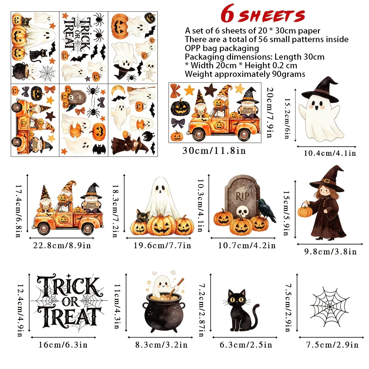 6 Sheets 56 Unique Designs Halloween Static Window Clings Watercolor