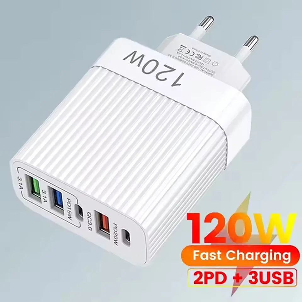 5-Port 120W USB-C PD Wall Charger – Fast Charge iPhone & Android