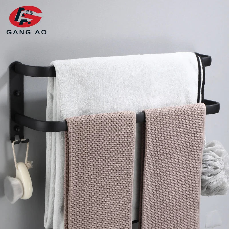 Matte Black Double Towel Bar Wall Mounted Aluminum Rack 30–50cm
