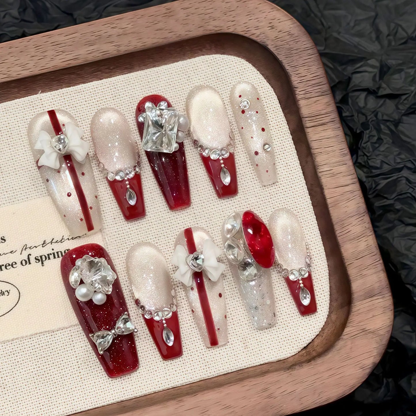 Handmade Long Ballet Press on Nails New Year Red French Fake Nail Patches 3d Bow Crystal Design Shiny Cat Eye False Nail Tips Peaceful Pleasures Health and Wellness L
