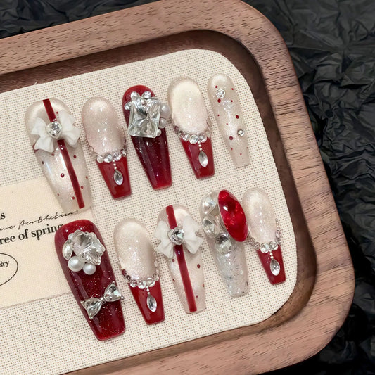 Handmade Long Ballet Press on Nails New Year Red French Fake Nail Patches 3d Bow Crystal Design Shiny Cat Eye False Nail Tips Peaceful Pleasures Health and Wellness L