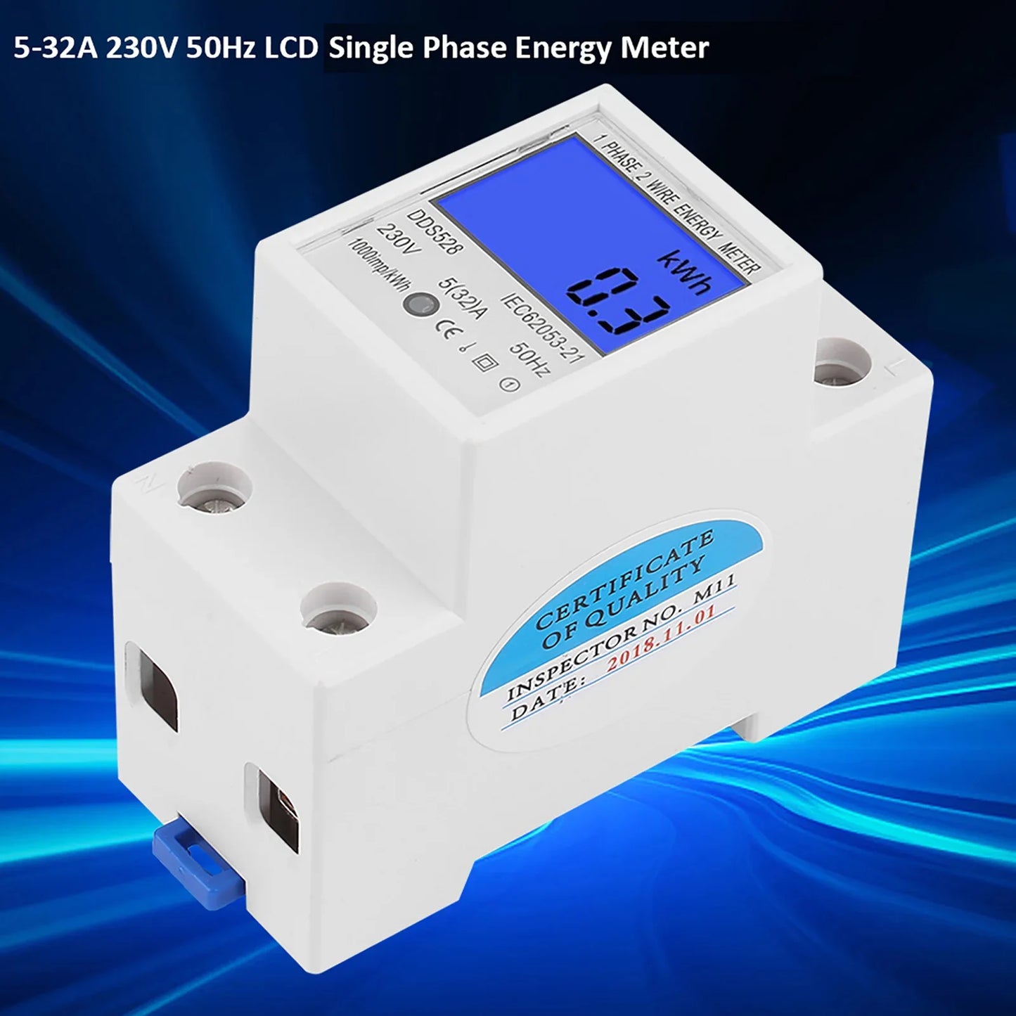 5 32A 230V 50Hz LCD Display Single Phase Energy KWh Meter DIN Rail