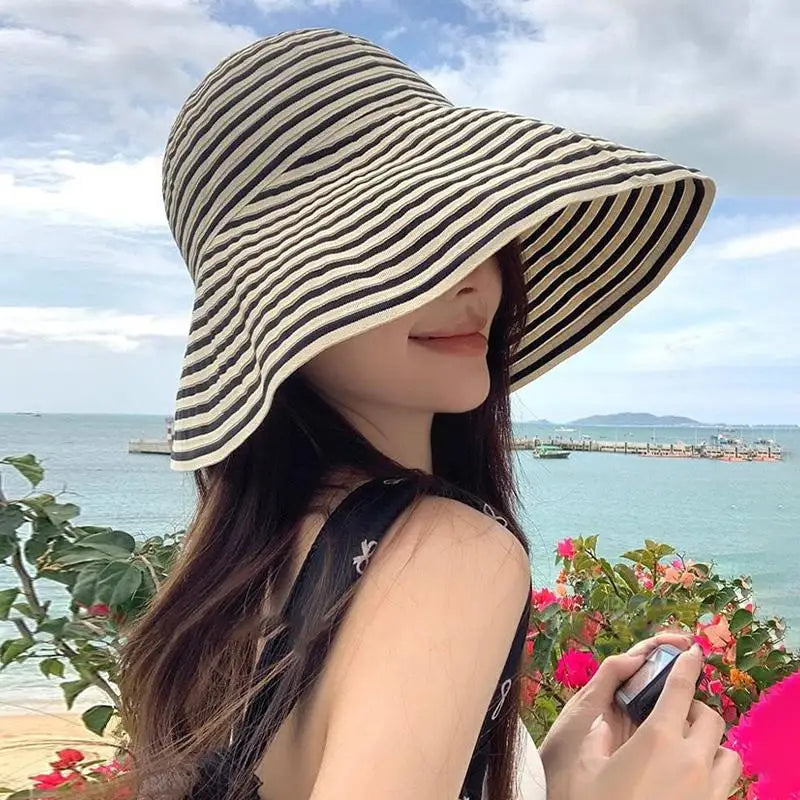 Striped Wide Brim Sun Hat – Lightweight Fisherman Cap for Women