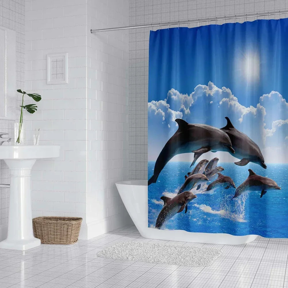 Ocean Underwater World Shower Curtains Set Dolphin Animal Cheerful Marine Life Scenery Polyester Fabric For Kids Bathroom Decor Peaceful Pleasures Health and Wellness