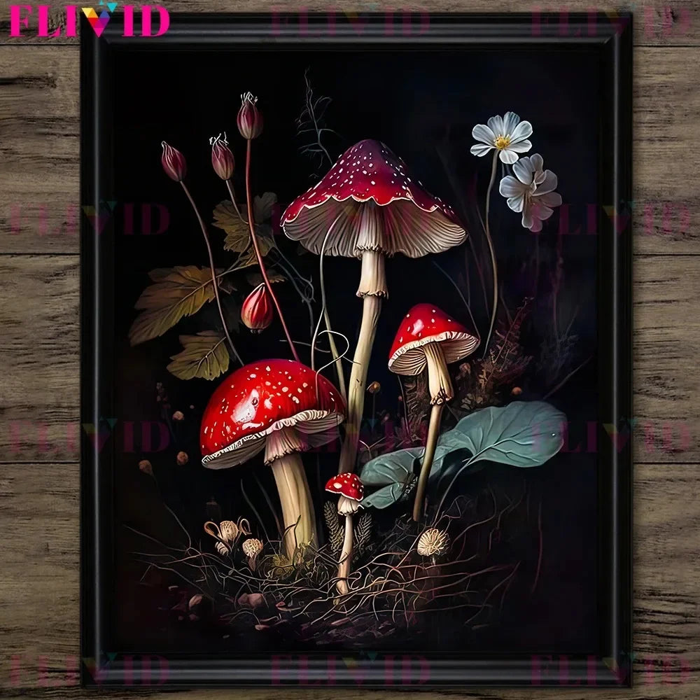Dark Botanical Gothic Mushroom & Roses Canvas Wall Print