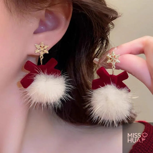 Pompom Bowknot Plush Drop Earrings | Christmas & New Year Gift Plush Drop Earrings Peaceful Pleasures Health and Wellness