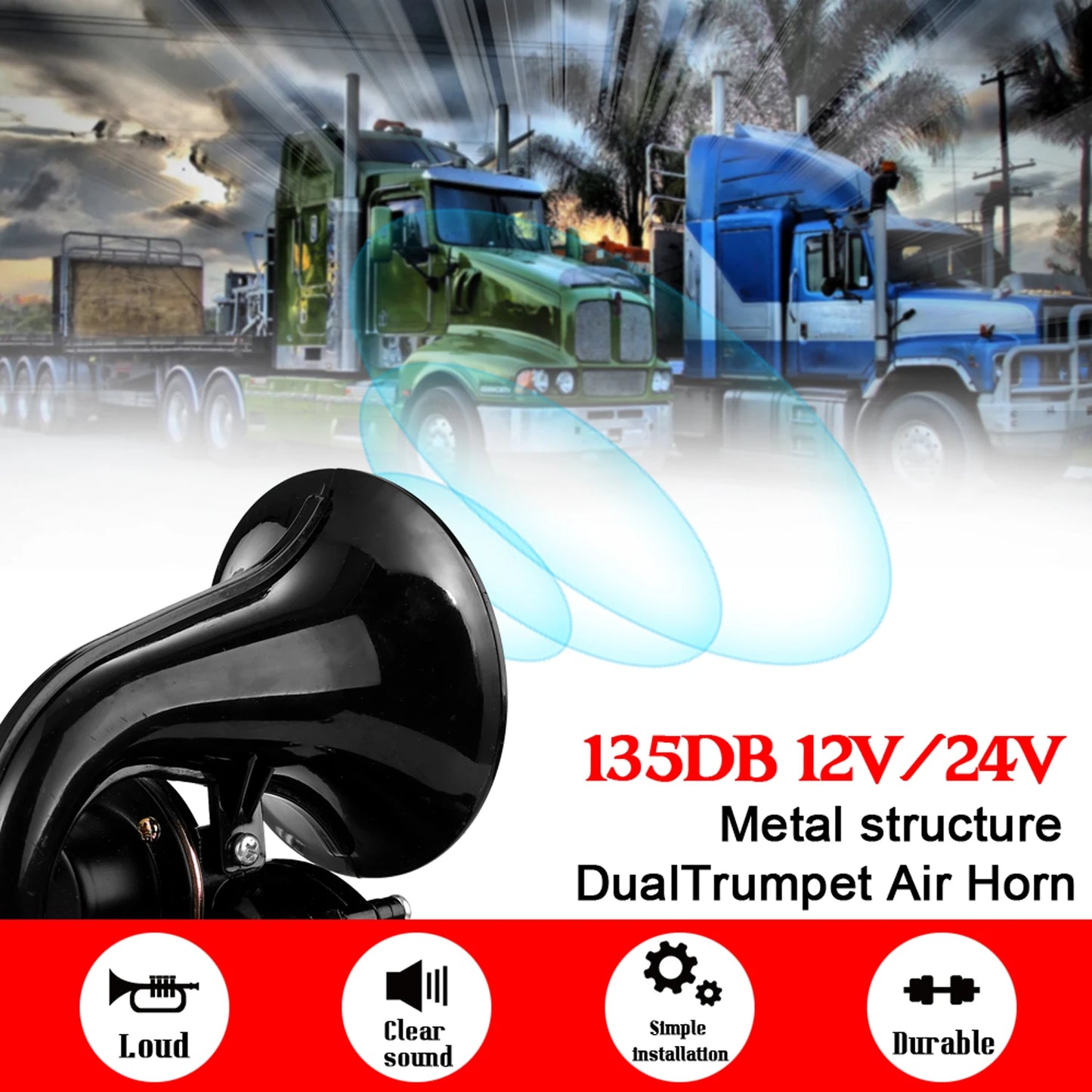 12 24V Superloud Trumpet Air Horn Electric Valve Flat Truck 135db