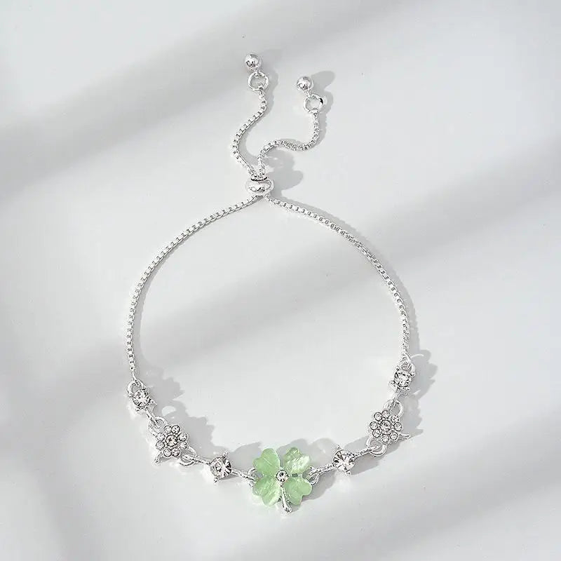 Four Leaf Clover Zircon Opal Charm Bracelet | Adjustable Bangle