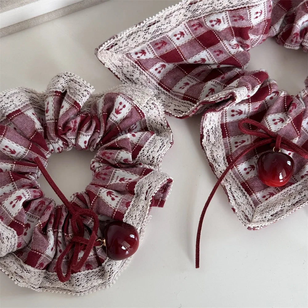 New Red Plaid Cherry Scrunchie Korean Windmill Hair Ring Cute Cherry Square Scarf Design Sweet Hair Accessories for Daily Outfit Peaceful Pleasures Health and Wellness