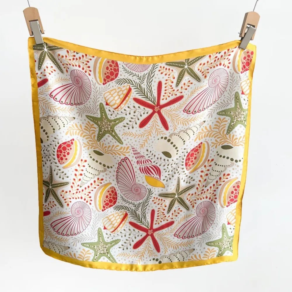 Y2K Starfish Shell Print Satin Square Scarf | 70x70cm Satin Square Scarf Peaceful Pleasures Health and Wellness Yellow