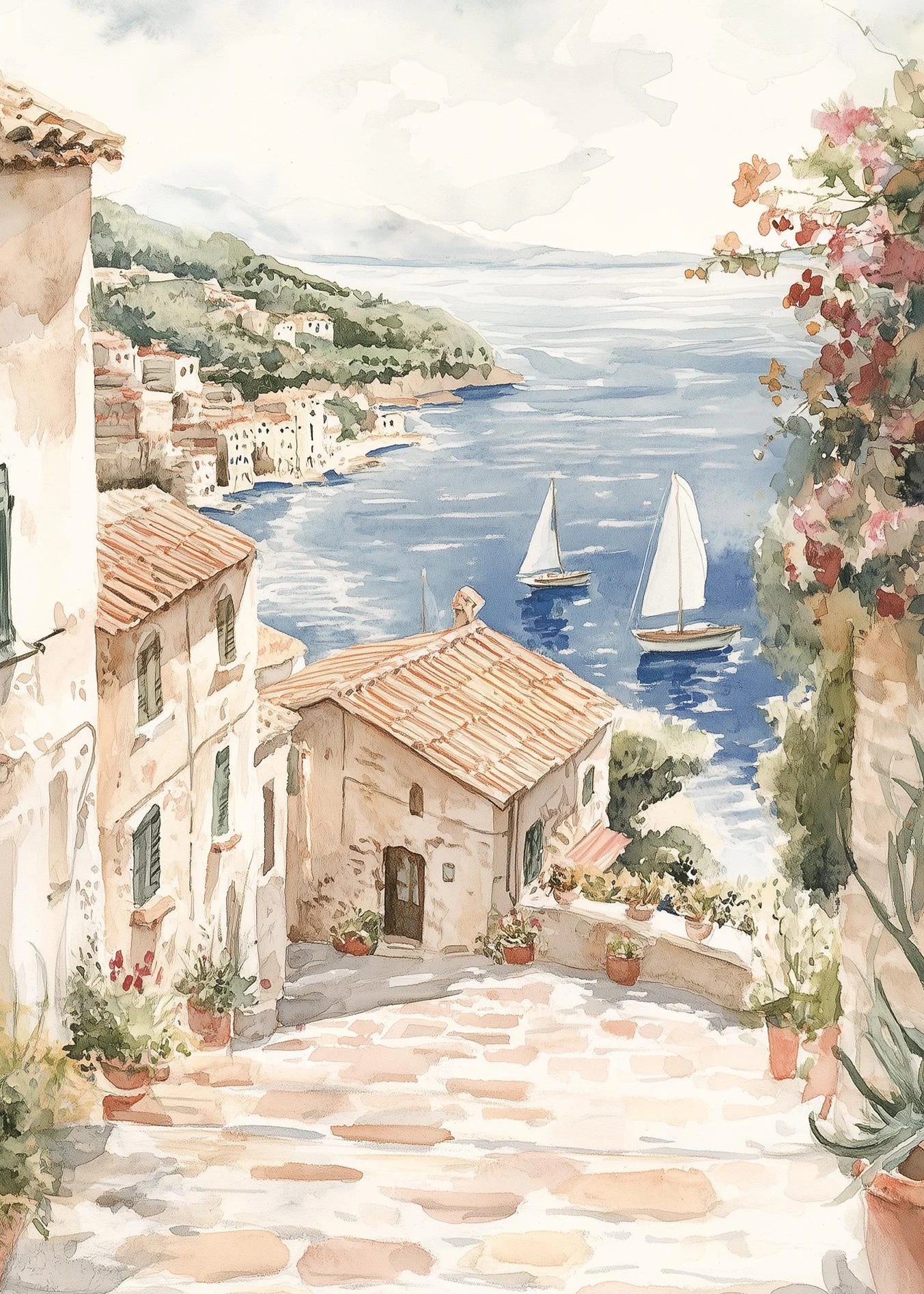 Santorini Mediterranean Coastal Canvas Wall Art Print | Unframed