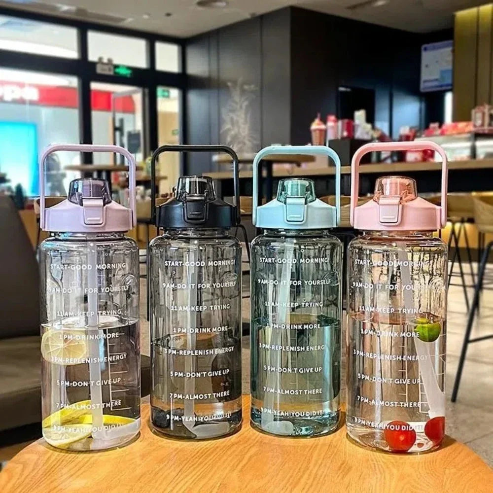2L Portable Water Bottle Large Capacity Plastic Straw Water Cup Drink Bottle with Time Marker for Outdoor Sports Fitness Hot Peaceful Pleasures Health and Wellness