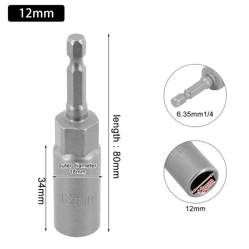 Magnetic Hex Nut Driver Bit Adapter 1/4" Shank 5.5–19mm 80mm