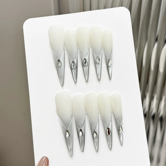 10pcs Handmade Extra Long Pointed Press on Nails Glitter Diamond Decor False Nails Full Cover Wearable European Fake Nail Tips Peaceful Pleasures Health and Wellness XS