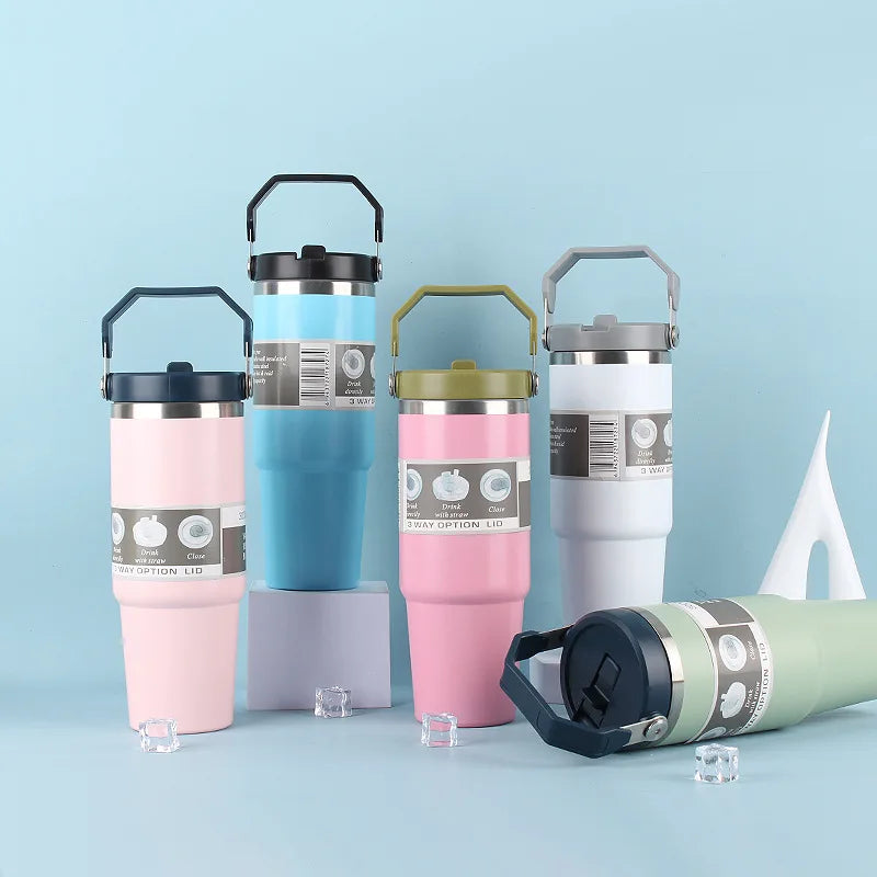 30OZ Portable Car Cup Stainless Steel Thermos Cup with Straw Travel Sports Water Bottle With Handle Cover Coffee Vacuum Flask Peaceful Pleasures Health and Wellness