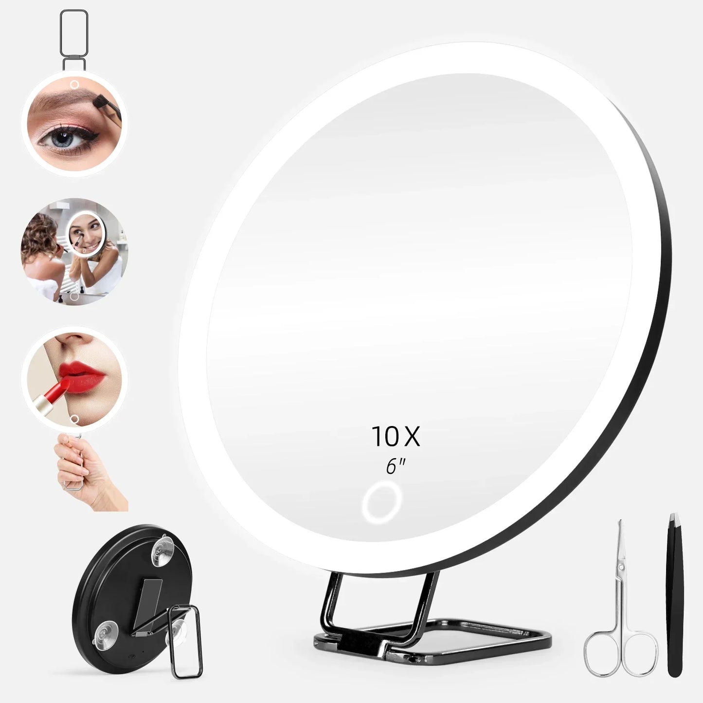 6 Inch Magnifying Mirror with Light 5-30X Portable Travel Magnified Mirror with 360° Adjustable Stand and Suction Cup Peaceful Pleasures Health and Wellness 10X- Black