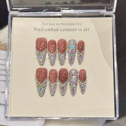 10pcs Rhinestones Handmade Press On Nails Long Pointed Fake Nails Colorful Full Diamond Decor Wearable French Flash False Nails Peaceful Pleasures Health and Wellness XS