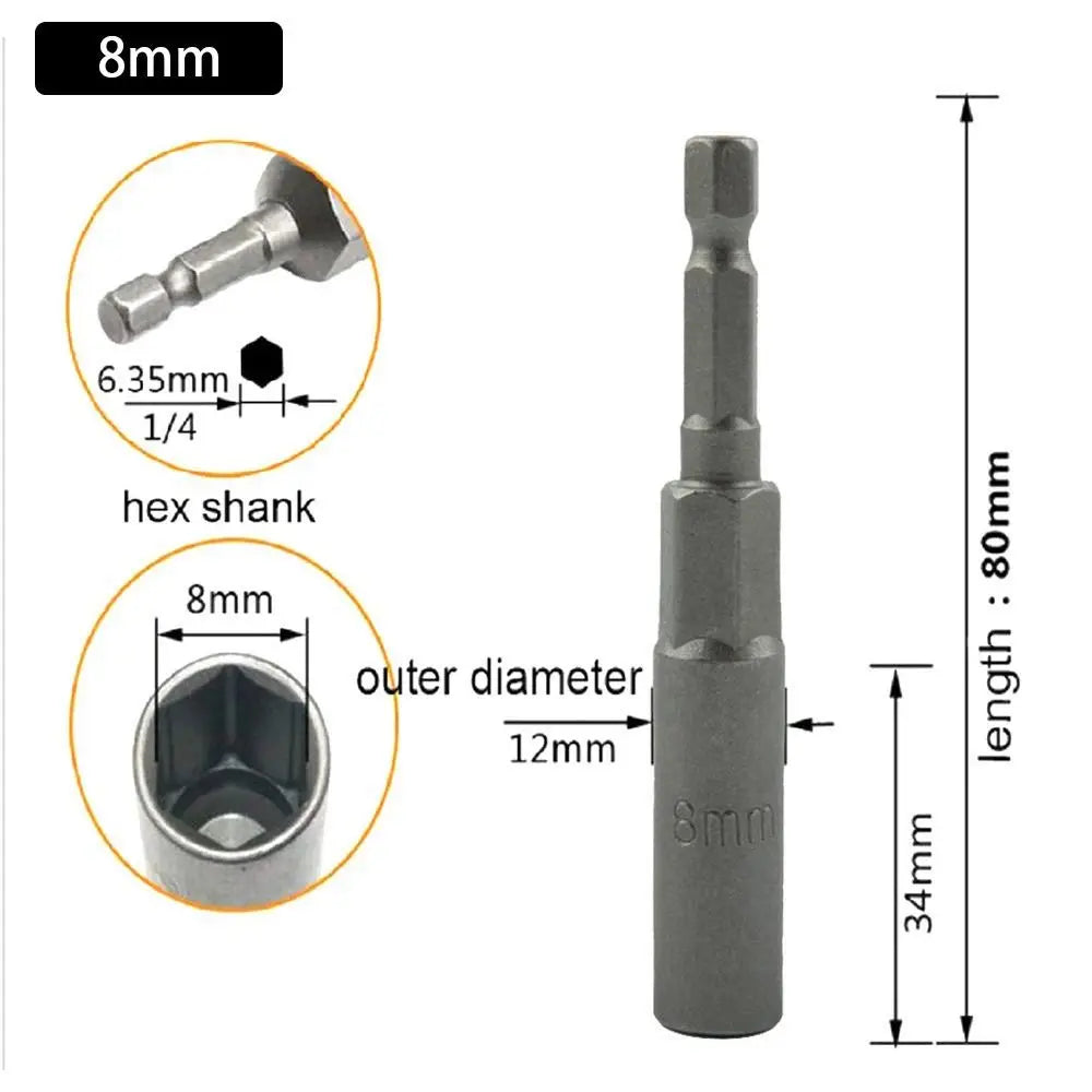 Magnetic Hex Nut Driver Bit Adapter 1/4" Shank 5.5–19mm 80mm