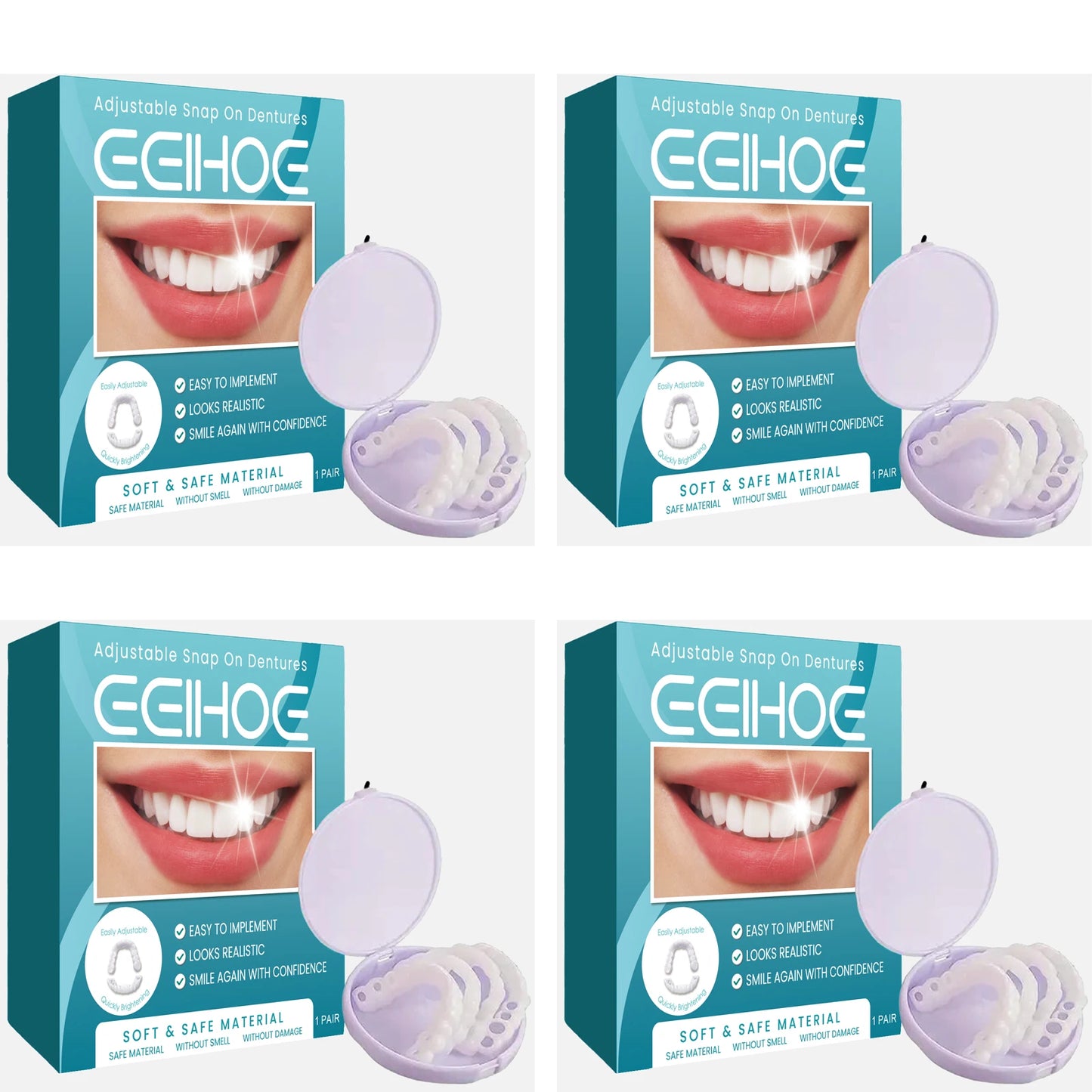 Adjustable Snap on Dentures Help Cover up Dirty Plaque Soft Comfortable Material Natural Tooth Color Adjustable Buckle Dentures Peaceful Pleasures Health and Wellness 4set Boxed