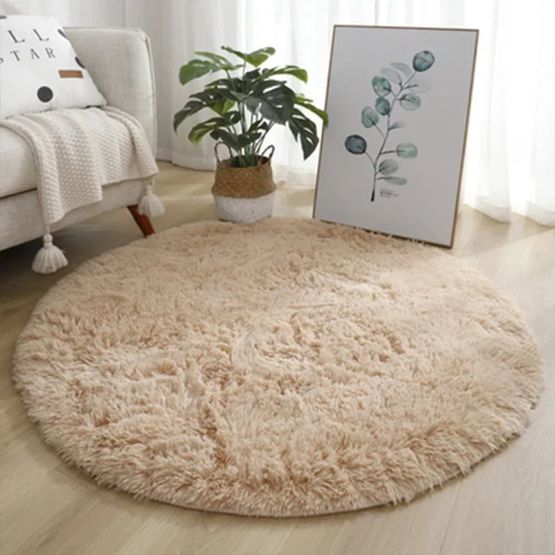 Round Fluffy Shaggy Rug – Soft Plush Cream White Circle Carpet