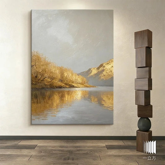 Hand Painted Canvas Oil Painting Abstract Gold Mountains TreesLandscape Poster Wall Art Picture Home Decor Mural For Living Room Peaceful Pleasures Health and Wellness