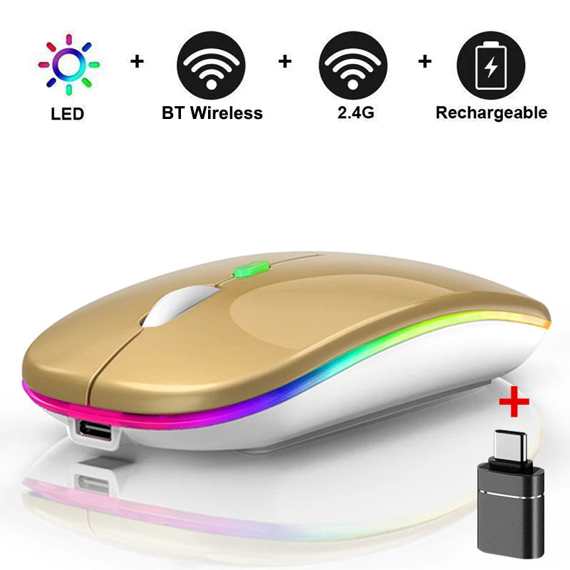 LED Bluetooth-compatible Wireless Mouse 2.4GHz Slim Rechargeable Silent Mice RGB Ergonomic Gaming mouse for Computer Laptop PC Peaceful Pleasures Health and Wellness Gold with OTG