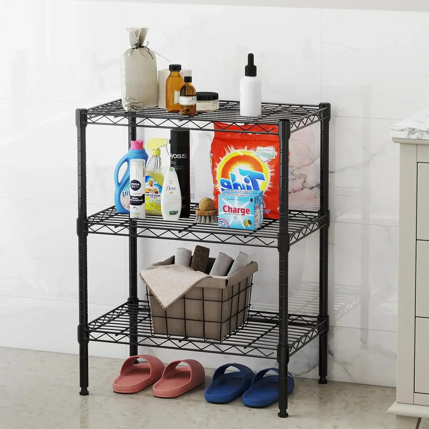 3-Tier Adjustable Metal Wire Storage Shelf, Heavy Duty Steel Rack for Kitchen Bathroom Garage, 23.3"W x 13.4"D x 30"H Black Peaceful Pleasures Health and Wellness