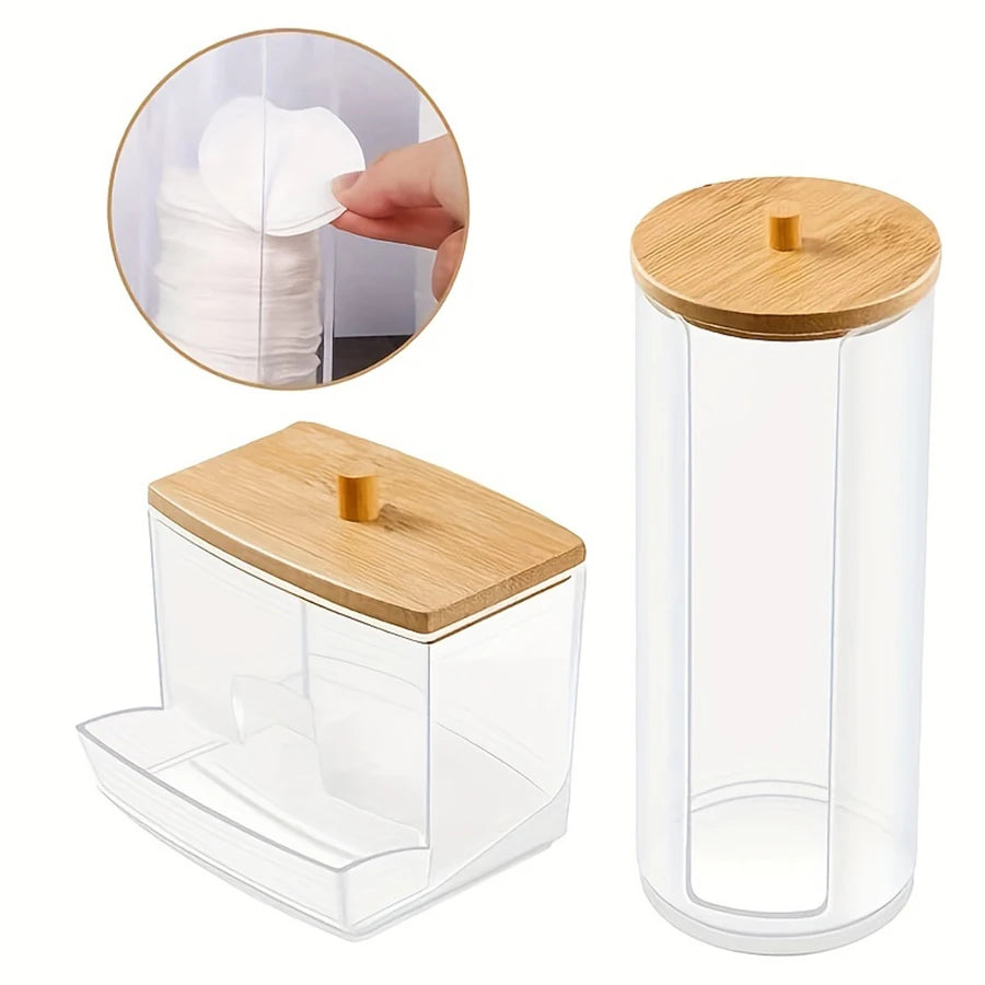 Acrylic Round Swab Dispenser with Lid – 2-Pack Clear Makeup Organizer for Bathroom Storage