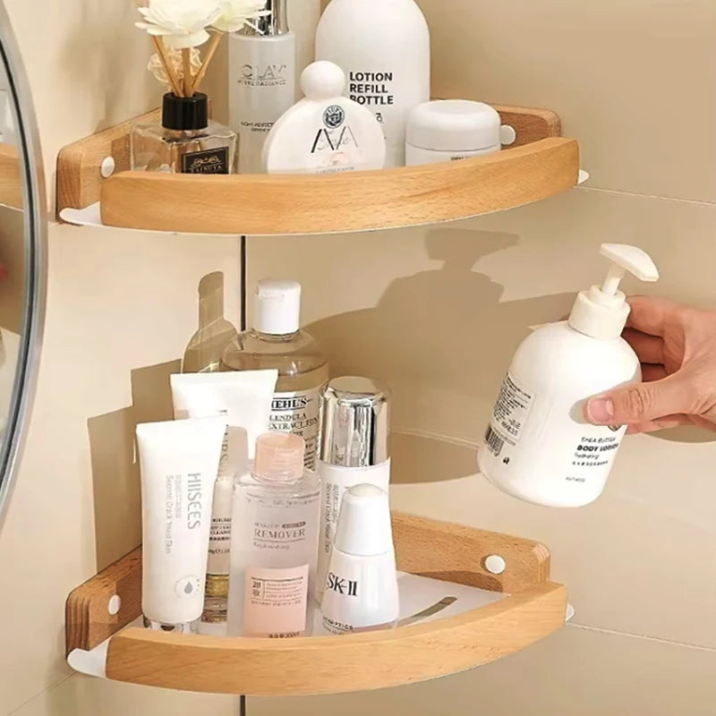Wood & Aluminum Corner Shower Shelf | Bathroom Wall Organizer