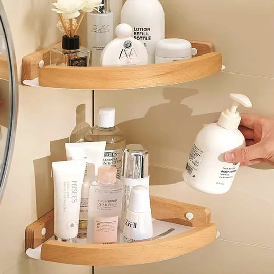 Wood & Aluminum Corner Shower Shelf | Bathroom Wall Organizer Corner Bathroom Shelf Peaceful Pleasures Health and Wellness