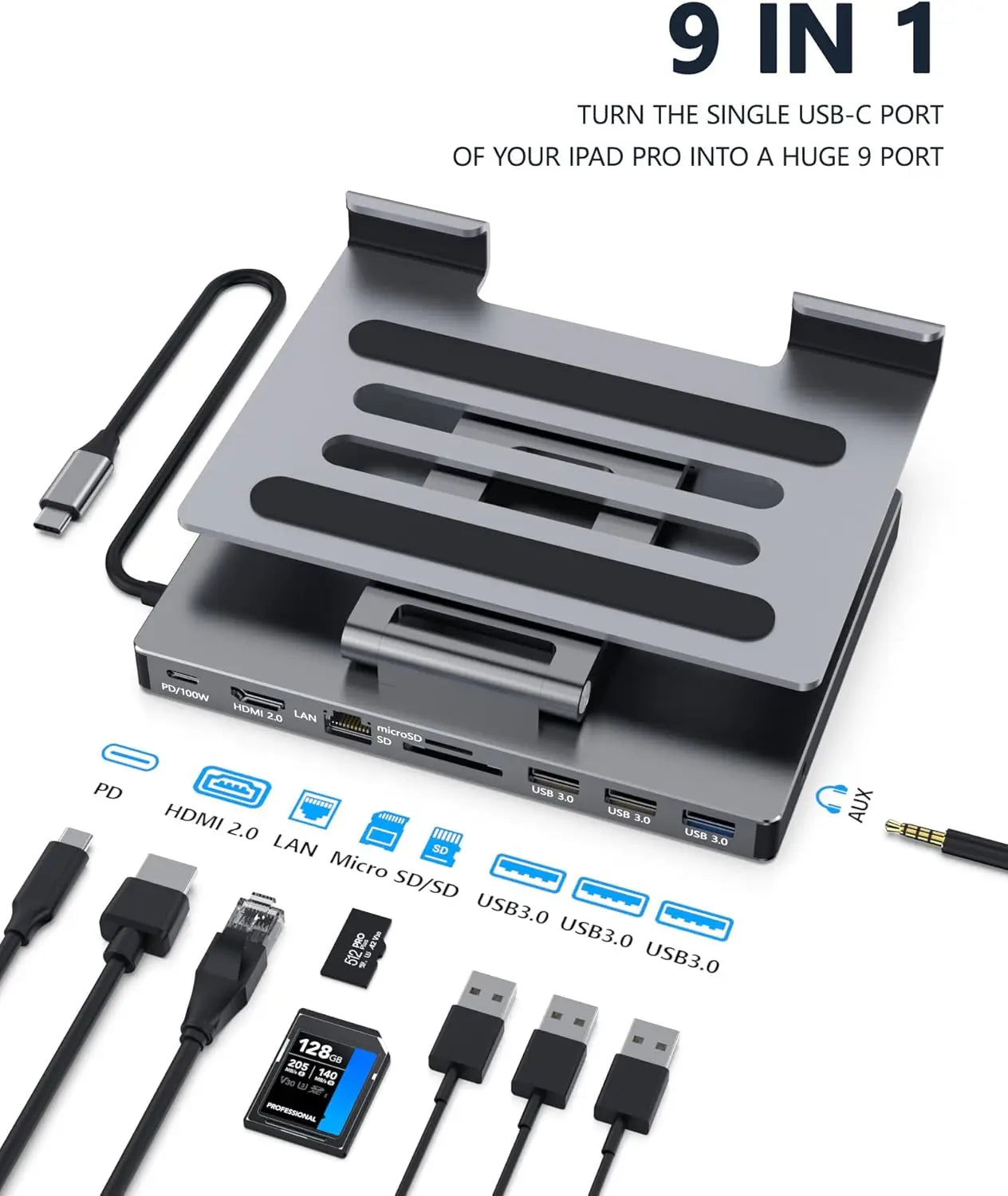 9-in-1 USB-C Hub Stand for iPad & Tablets – 4K HDMI, Ethernet Peaceful Pleasures Health and Wellness