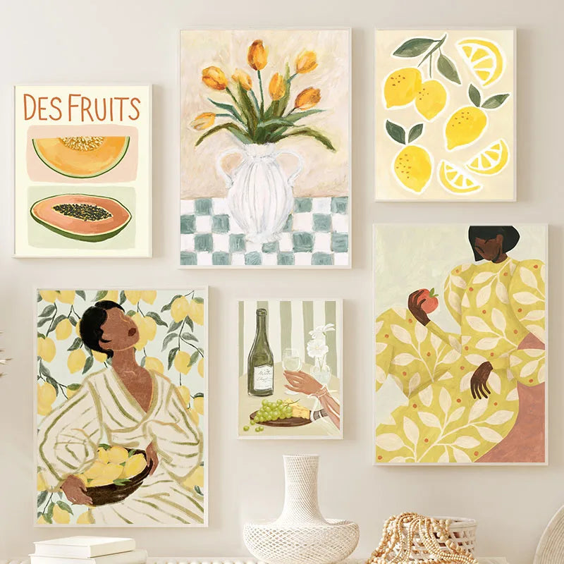 Retro Pajama Girl Lemon Flowers Vase Abstract Gallery Poster And Prints Wall Art Canvas Painting Pictures For Living Room Decor Peaceful Pleasures Health and Wellness