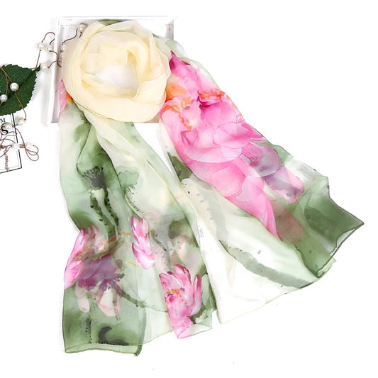 Women's Ink Lotus Chiffon Scarf – Lightweight Floral Print