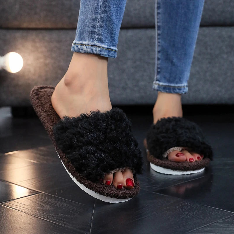 Women's Plush Open Toe Indoor Slippers | Warm Soft Sole Slides
