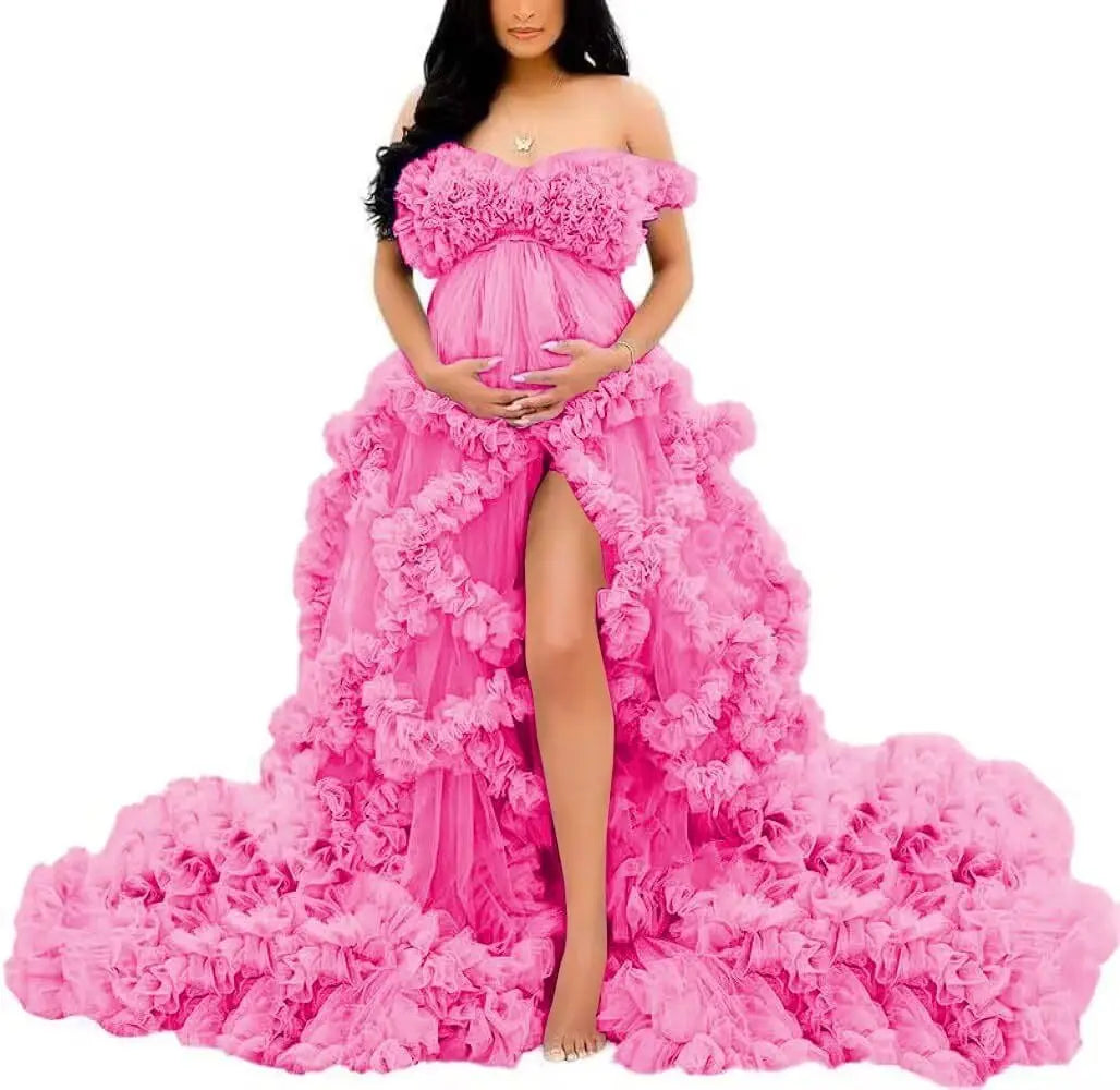 Photoshoot & Baby Shower Tulle Maternity Dress - Off Shoulder, Puffy Ruffles, Elegant Long Robe for Pregnancy Peaceful Pleasures Health and Wellness Hot Pink US 4