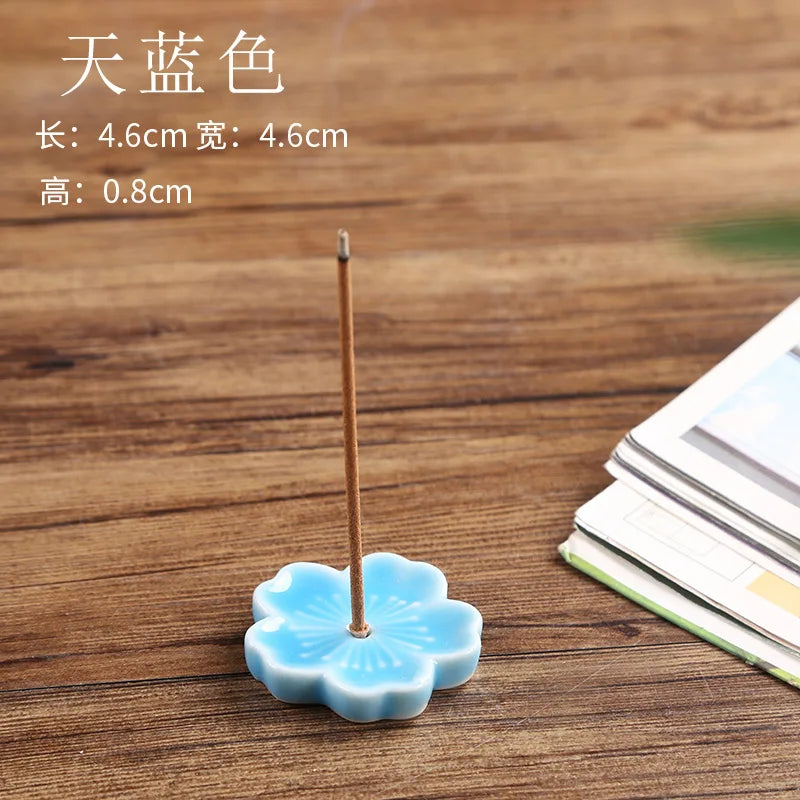Ceramic Cherry Blossom Incense Holder Wax Melt Burner Holder Aromatherapy Office Teahouse Living Room Ornament Insence Burner Peaceful Pleasures Health and Wellness sky blue