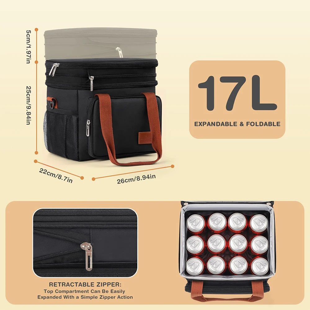 Expandable Insulated Double Deck Lunch Snack Bag 17L Large Cooler Box Leakproof for Work/Picnic/Camping/Travel with Side Pocket Peaceful Pleasures Health and Wellness