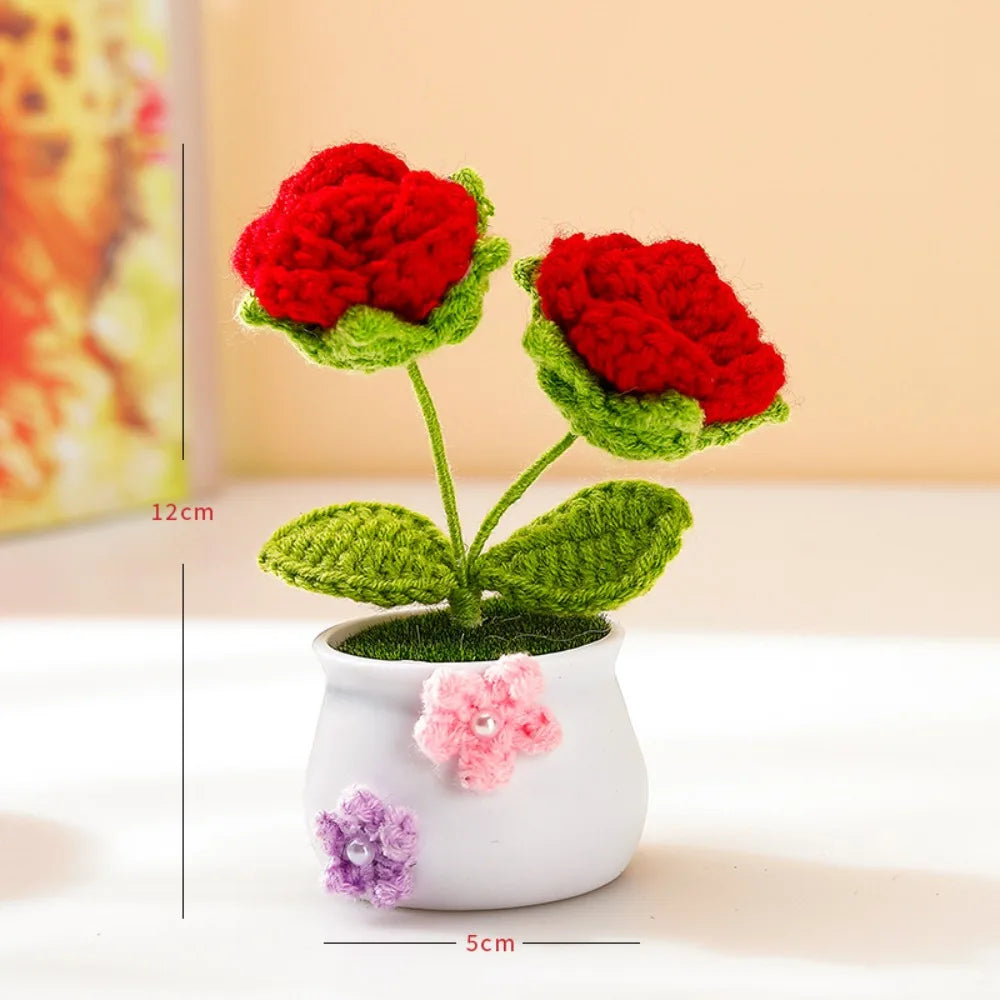 Mini Handmade Crochet Flowers Sunflower Tuilp Flowers Birthday Gift Knitted Flower Pot Decor Desktop Woven Graduation Gift Peaceful Pleasures Health and Wellness Rose-Red