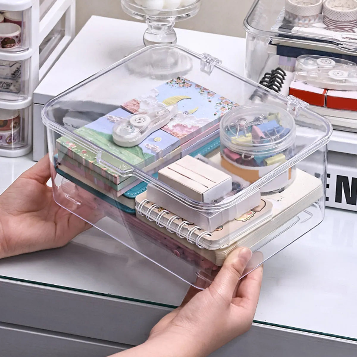 Flip Top Clear Plastic Storage Box | Desktop Organizer